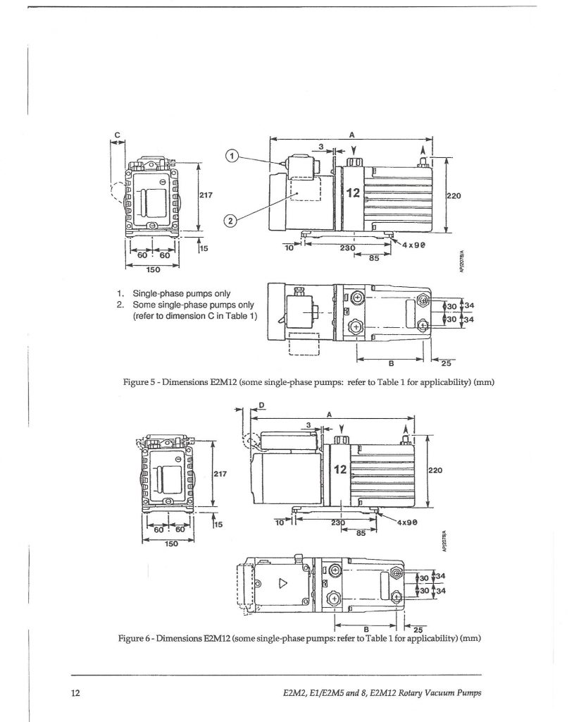 BOC Edwards E2M12 vacuum pump dimensions.