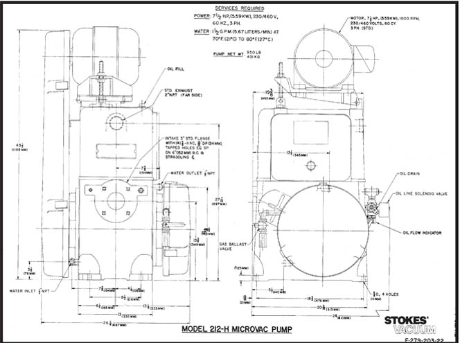 Stokes Microvac 212-H Rotary Piston Pump Dimensions