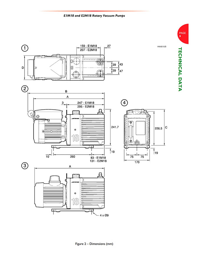 BOC Edwards E2M18 vacuum pump dimensions.