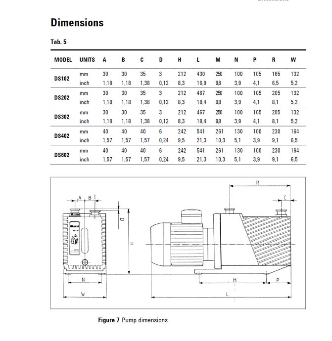 Agilent Varian DS-602 vacuum pump dimensions.