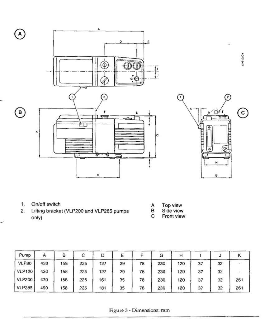 Savant VLP 120 vacuum pump dimensions, aka Savant VLP120 rotary vane pump.